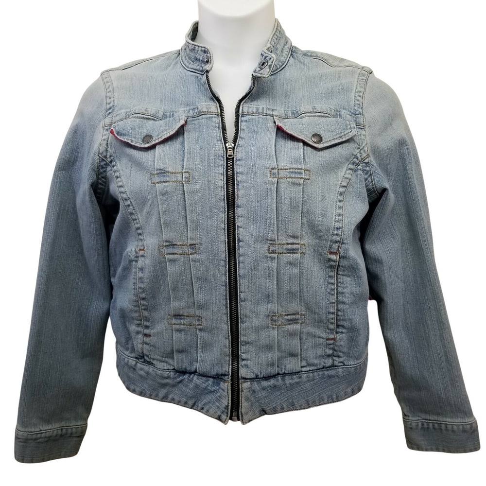 Tommy Hilfiger L Blue Jean Denim Trucker Bomber Jacket Light Wash Faded Full Zip